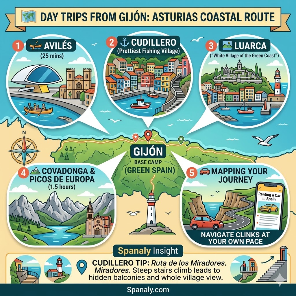 Infographic of day trips from Gijon featuring Aviles Niemeyer Centre, Cudillero fishing village, Luarca white coast, and Picos de Europa mountains in Asturias.