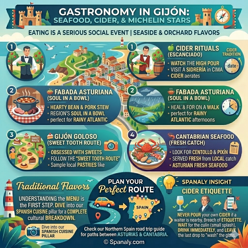 Infographic of Gijon gastronomy featuring cider pouring ritual, Fabada Asturiana bean stew, Cantabrian seafood, and the Gijón Goloso sweet route.
