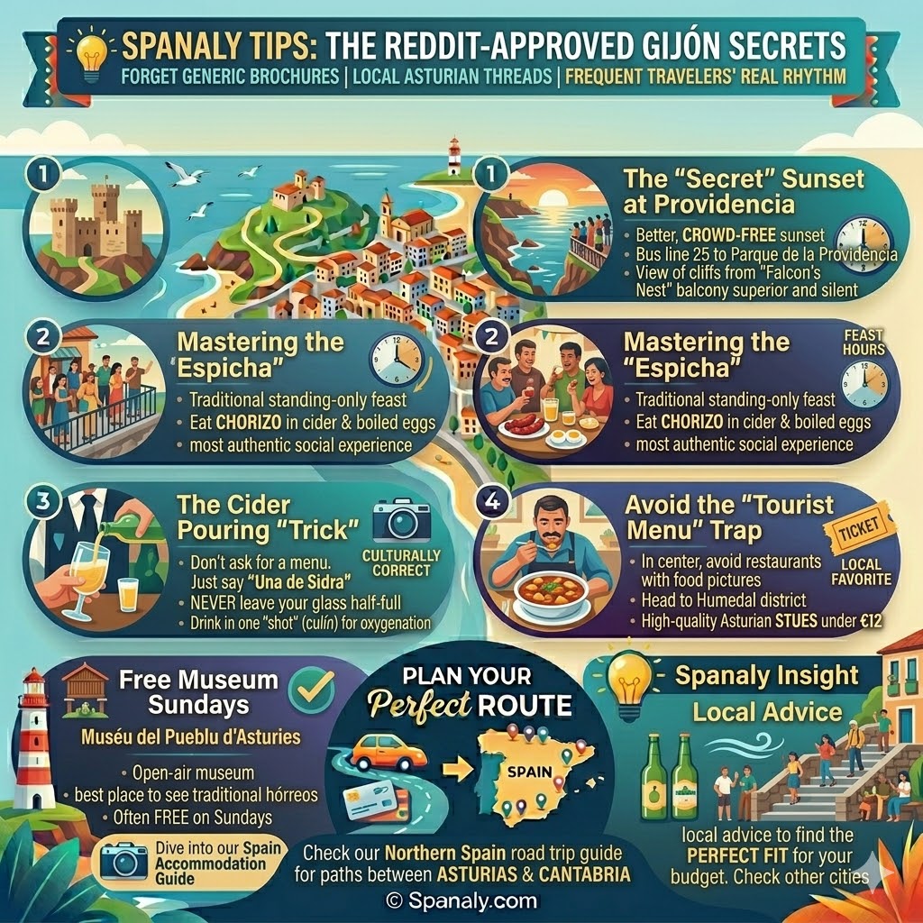 Infographic of Gijon travel secrets featuring Providencia sunset, Espicha feast etiquette, Asturian cider pouring tips, and free museum Sundays.