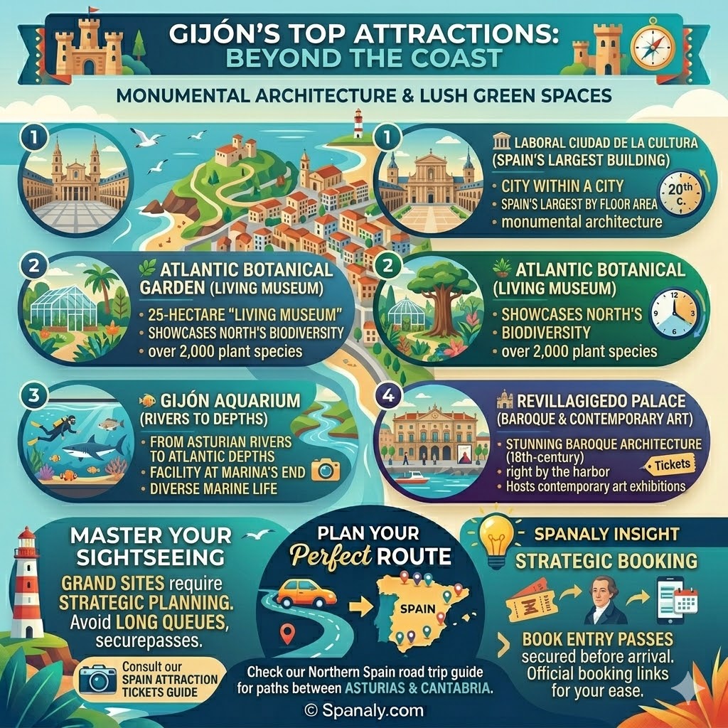 Infographic of Gijon's top attractions featuring Laboral Ciudad de la Cultura, Atlantic Botanical Garden, Gijon Aquarium, and Revillagigedo Palace in Asturias.