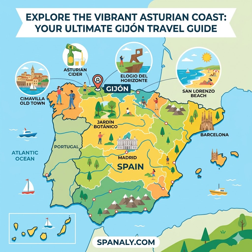 Ultimate Gijón Travel Guide featured image showing an infographic map of Spain highlighting top attractions like San Lorenzo Beach and Cimavilla.