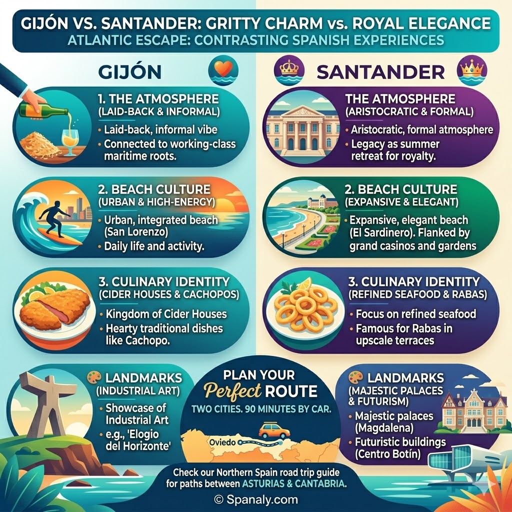 Comparison infographic of Gijon vs Santander featuring differences in atmosphere, beaches like San Lorenzo and El Sardinero, and local culinary identities.