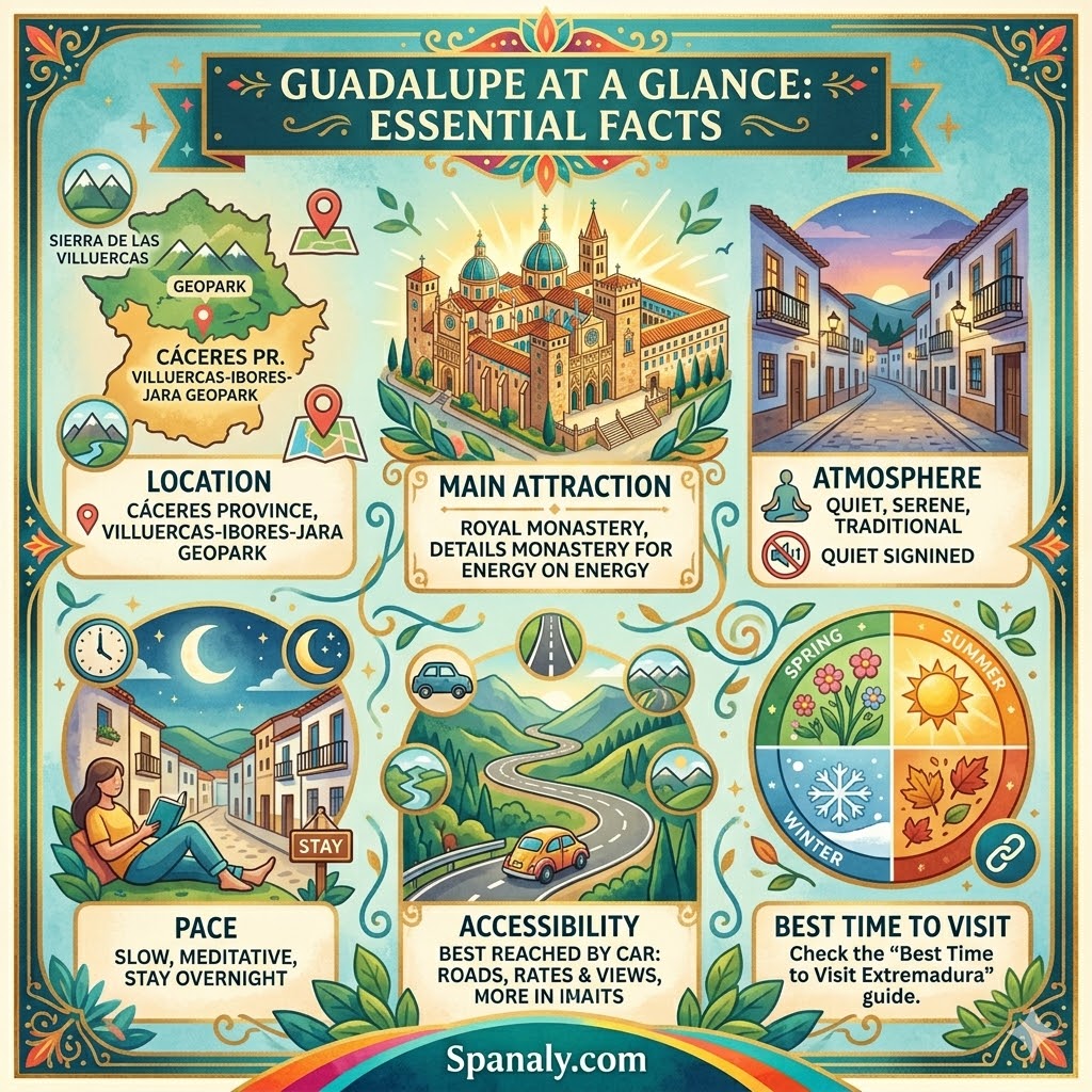 Infographic summarizing essential travel facts about Guadalupe, Spain, including location, Royal Monastery, accessibility, and visitor tips.