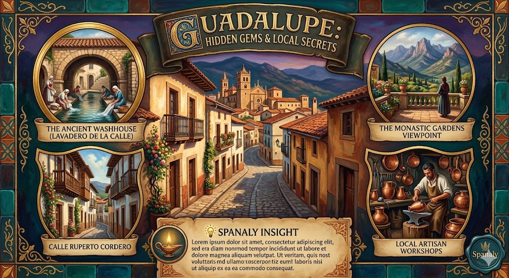 Infographic highlighting hidden gems and local secrets in Guadalupe, Spain, including the ancient washhouse, Calle Ruperto Cordero, monastic gardens, and local artisan workshops in a rich artistic style.