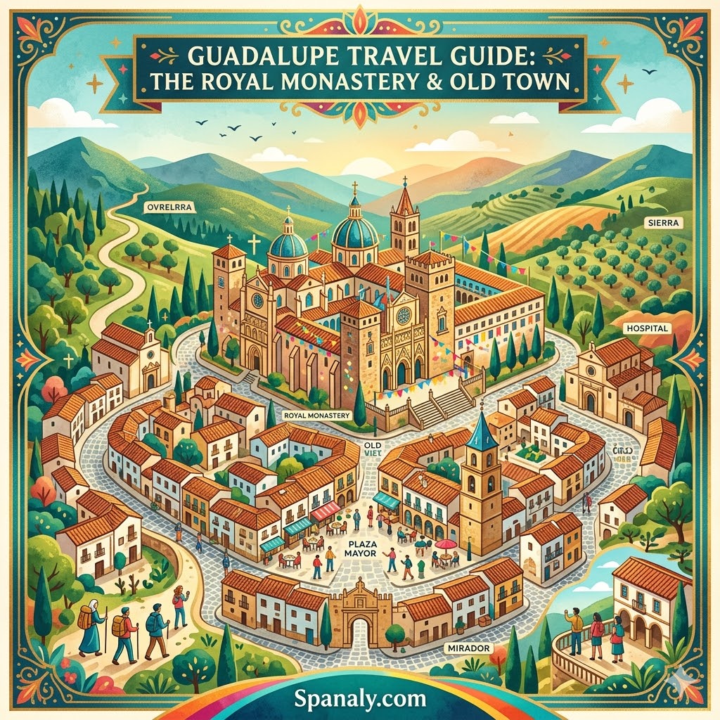 Epic illustration map of Guadalupe Spain featuring the Royal Monastery and charming Old Town, vibrant flat vector style for travel guide.