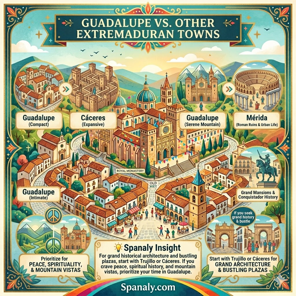 Infographic comparison of Guadalupe vs. Cáceres, Mérida, and Trujillo, highlighting differences in atmosphere, architecture, and travel experiences in Extremadura.