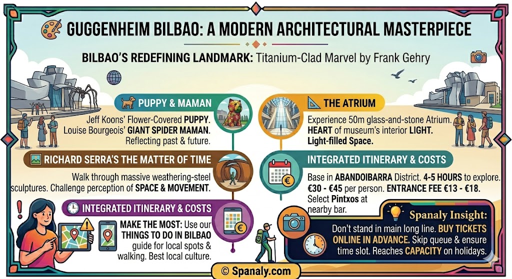 Infographic of the Guggenheim Museum Bilbao featuring Frank Gehry architecture, Jeff Koons Puppy sculpture, and ticket booking tips.