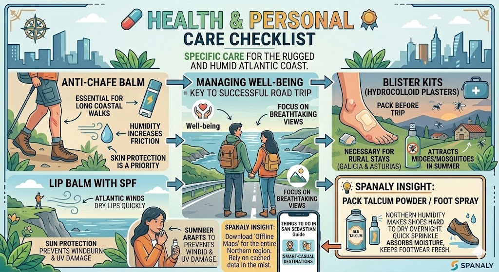 Infographic for Northern Spain health and personal care checklist featuring anti-chafe balm, SPF lip balm, and blister kits.