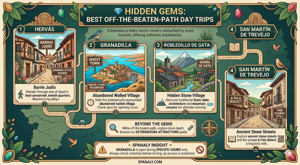 An infographic highlighting hidden gems and off-the-beaten-path day trips in Extremadura, including Hervás, Granadilla, Robledillo de Gata, and San Martín de Trevejo.