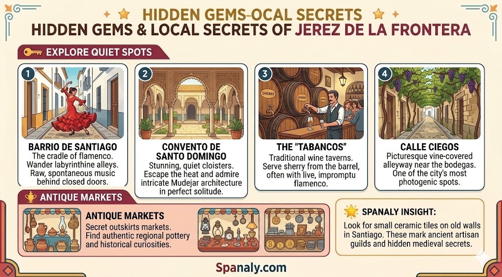 An infographic highlighting hidden gems and local secrets in Jerez de la Frontera, including Barrio de Santiago, Tabancos, and antique markets.