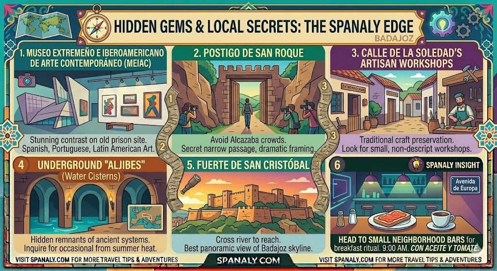 Colorful travel infographic revealing hidden gems and local secrets in Badajoz, Spain, such as the MEIAC museum, artisan workshops, and local breakfast spots by Spanaly.com.