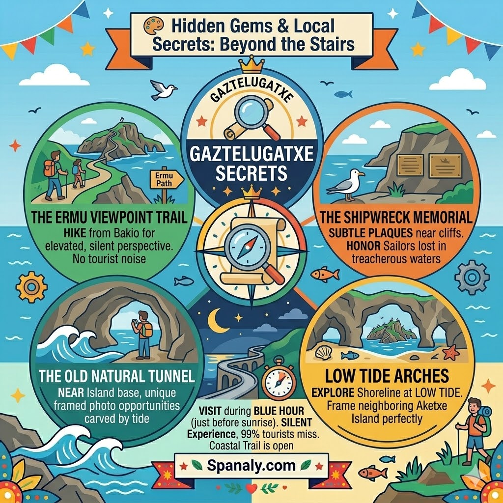 A colorful infographic detailing hidden gems near San Juan de Gaztelugatxe, including the Ermu Viewpoint Trail, Old Natural Tunnel, Shipwreck Memorial, and Low Tide Arches.