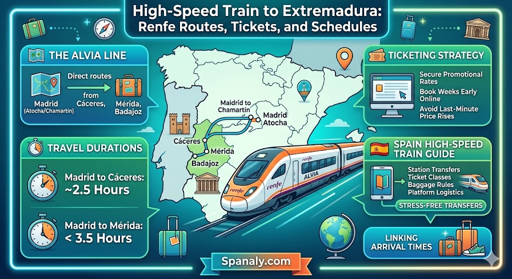 Renfe high-speed train routes infographic map from Madrid to Caceres and Merida in Extremadura