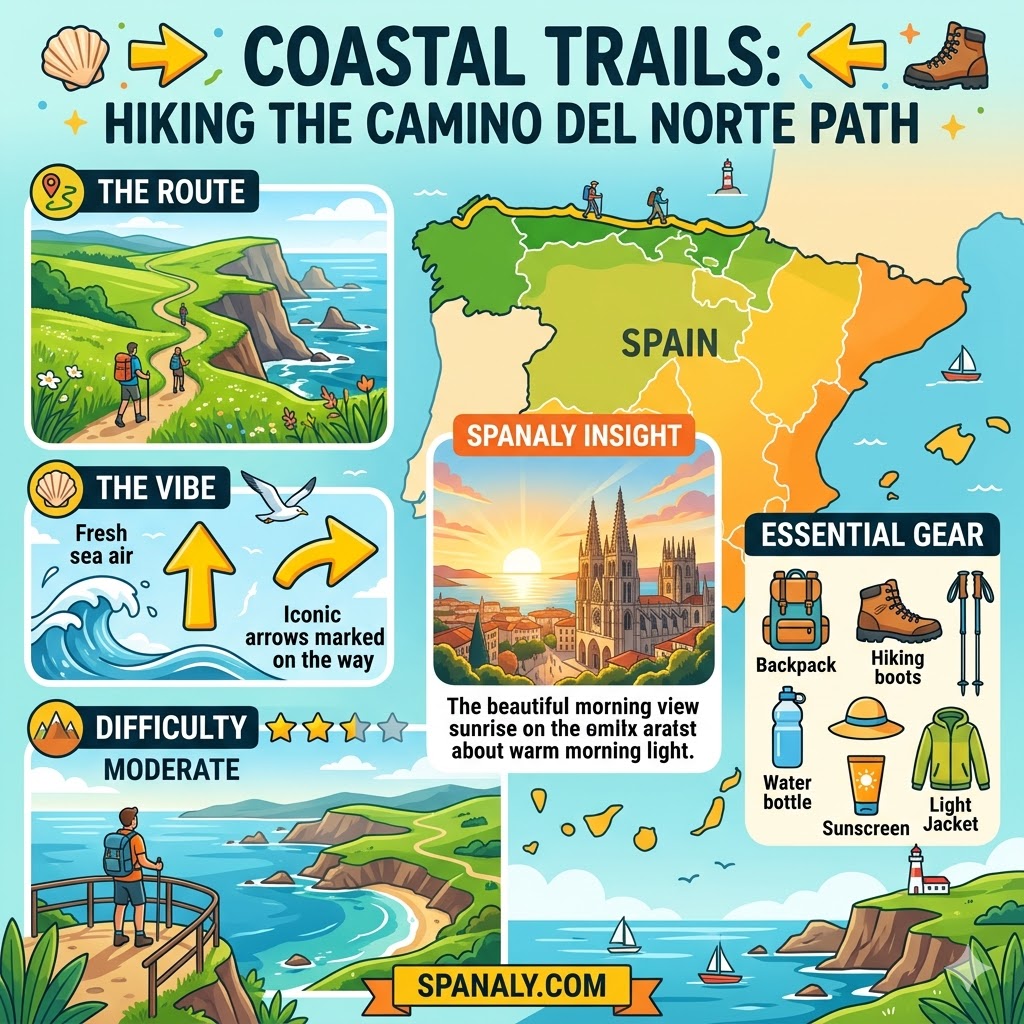 Infographic guide for hiking the Camino del Norte in Castro Urdiales featuring coastal routes and essential gear.