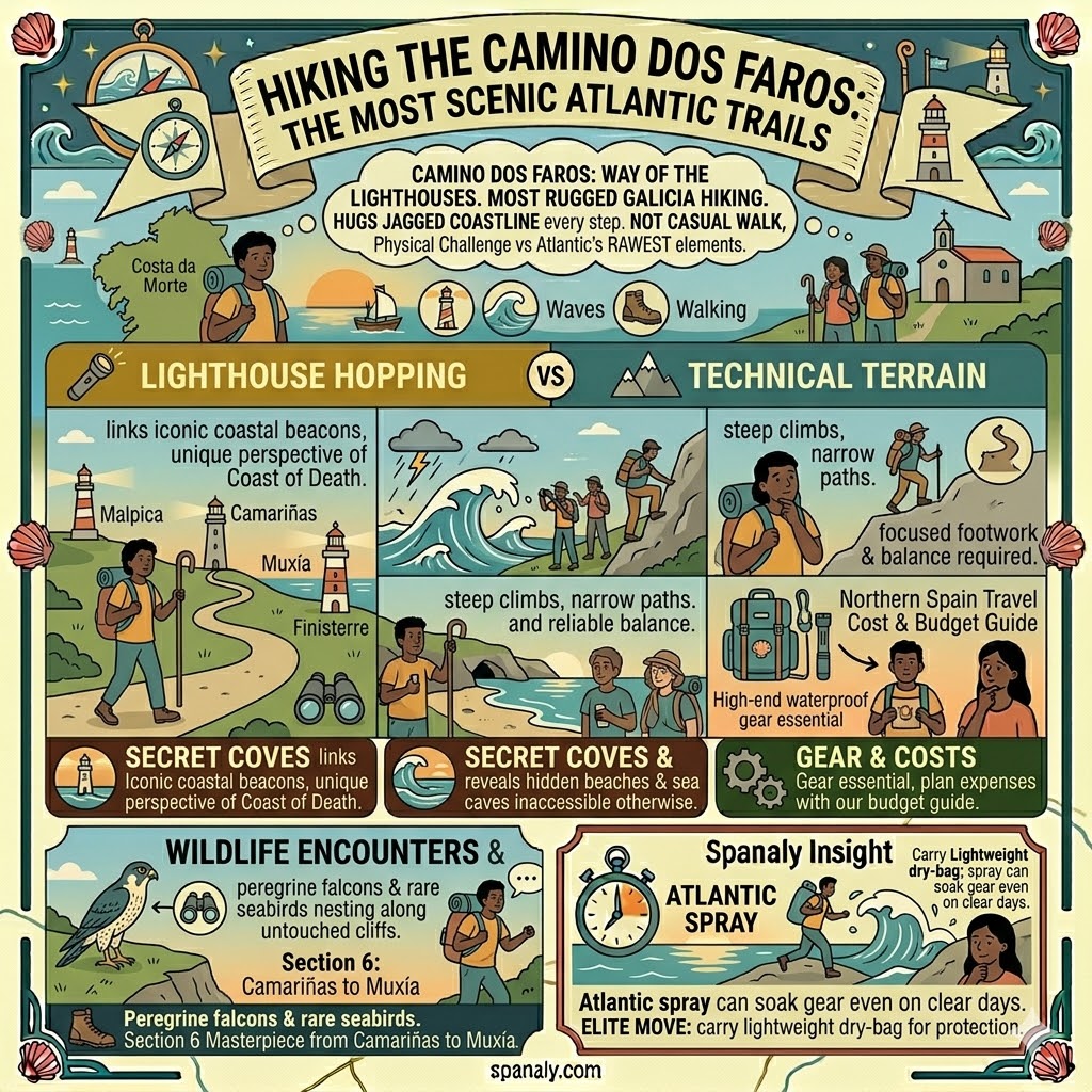 Infographic for hiking Camino dos Faros in Galicia, showing lighthouse hopping, rugged terrain, secret coves, and elite gear tips.
