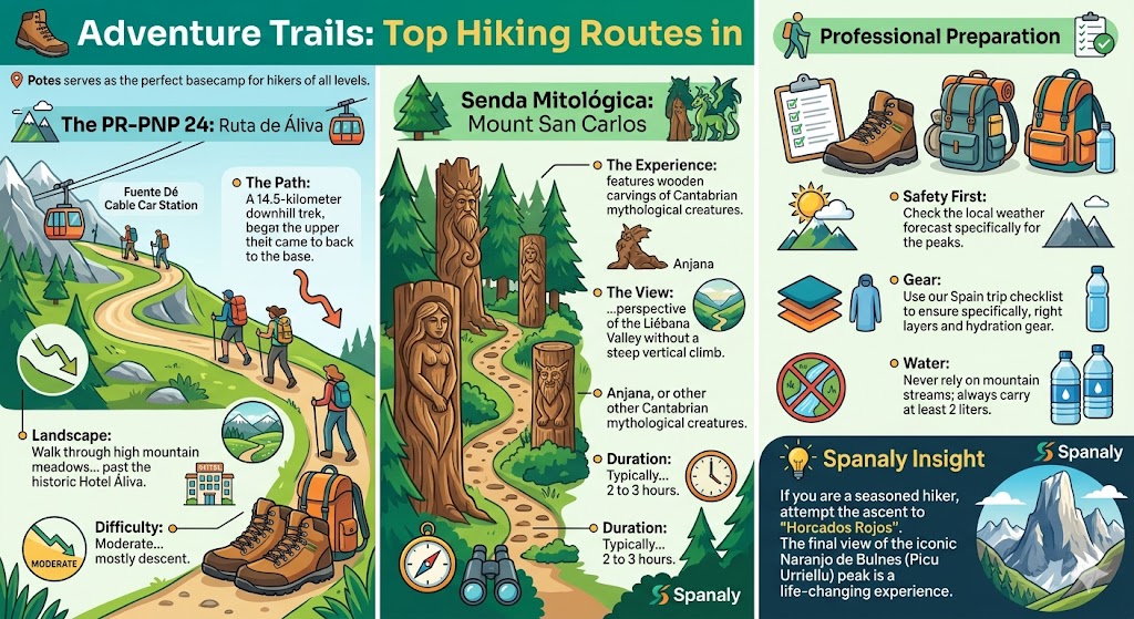 Hiking guide infographic for Picos de Europa near Potes, featuring the Ruta de Áliva trail, Mount San Carlos mythological path, hiking gear preparation checklist, and Horcados Rojos mountain peaks by Spanaly.com
