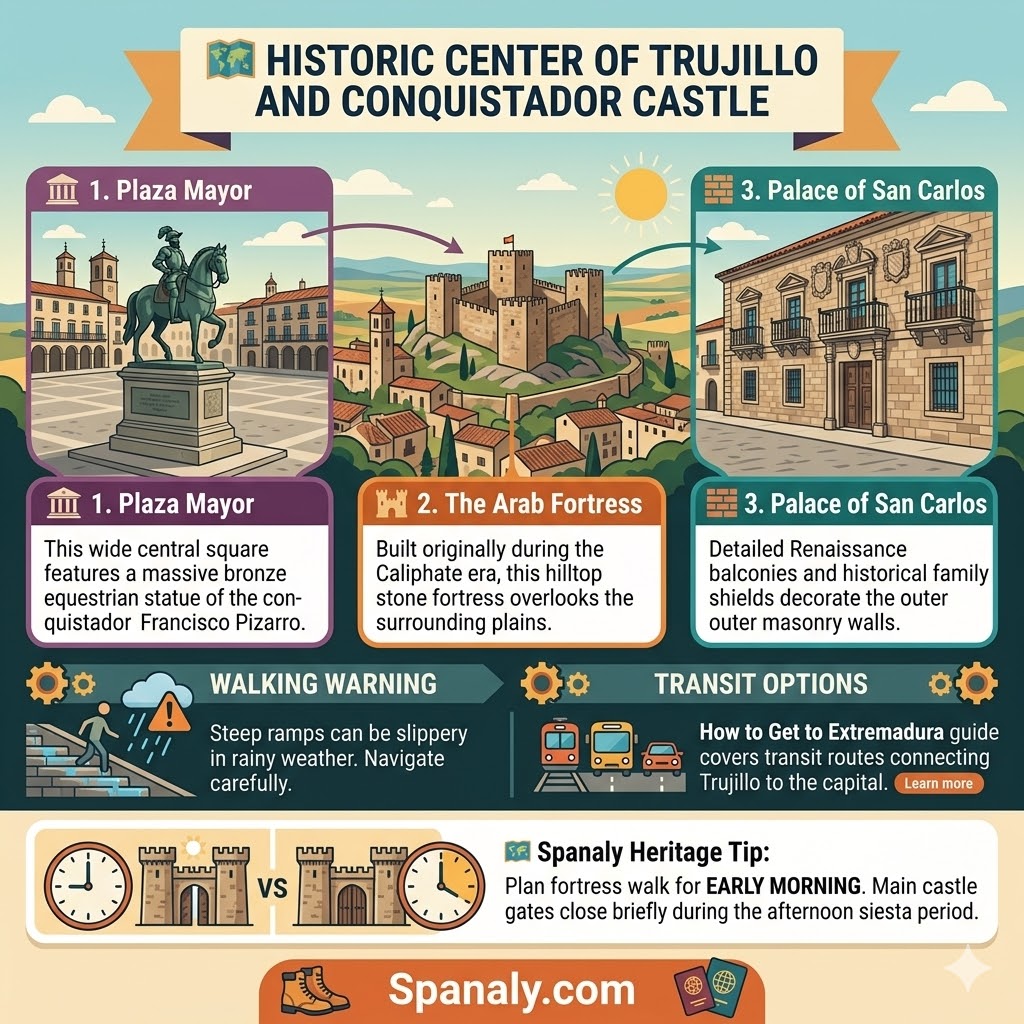 Trujillo historic center infographic showing the Plaza Mayor Pizarro statue Arab fortress and Palace of San Carlos landmarks
