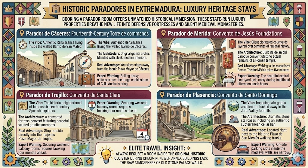 Infographic guide to historic paradores in Extremadura, showcasing luxury heritage stays in Cáceres, Mérida, Trujillo, and Plasencia with architectural details and travel insights.