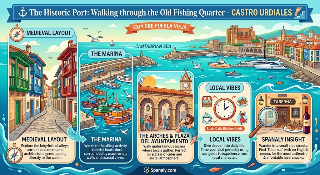 Infographic showing the historic fishing port of Castro Urdiales, including the medieval alleys of Puebla Vieja, traditional houses with wooden balconies, the marina with fishing boats, and local cider culture at Plaza del Ayuntamiento by Spanaly.com