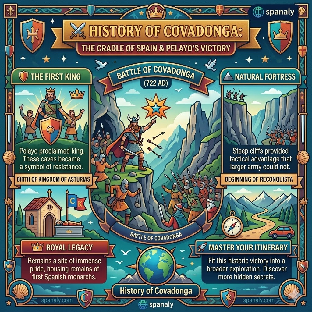 Infographic about the History of Covadonga and King Pelayo's victory in 722 AD marking the start of the Reconquista in Asturias.