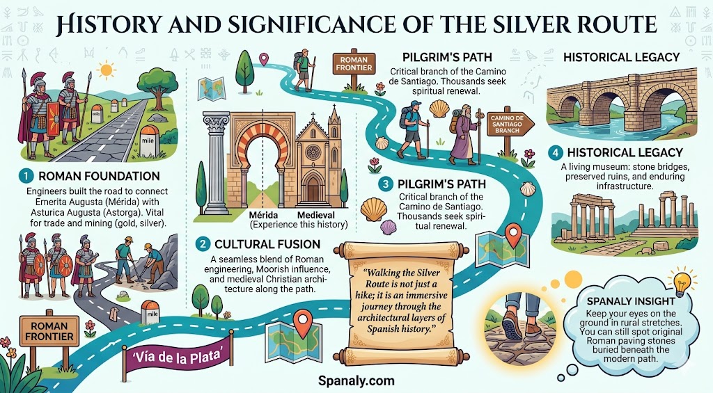 A colorful infographic detailing the history and significance of the Vía de la Plata, highlighting its Roman foundations, cultural fusion, and legacy as a Camino de Santiago pilgrim route.