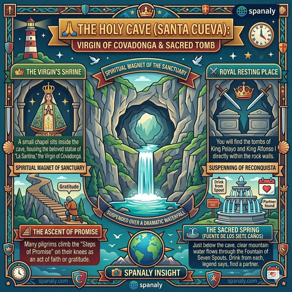 Infographic of the Holy Cave in Covadonga Asturias featuring the Virgin of Covadonga shrine, Royal tombs, and the Fountain of Seven Spouts.