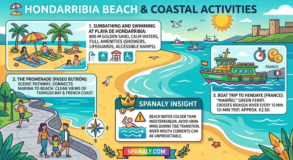 An infographic for Hondarribia Beach and coastal activities, showing people swimming at Playa de Hondarribia, walking on Paseo Butron, and the green boat ferry to Hendaye, France. Includes a Spanaly Insight warning about Atlantic water temperatures and currents.