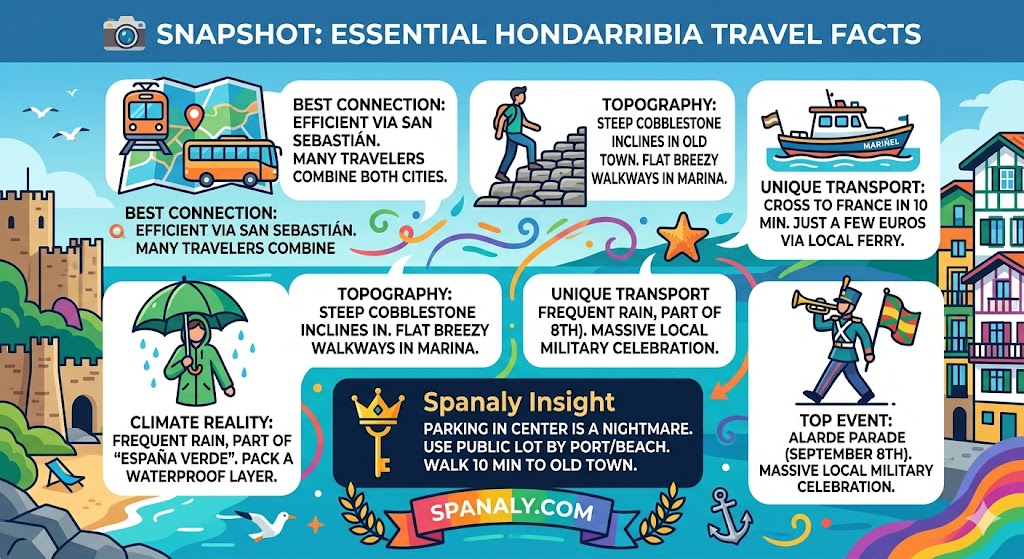 A colorful infographic titled 'Snapshot: Essential Hondarribia Travel Facts' featuring key logistics: transport from San Sebastian, topography of the Old Town, the ferry to France, and the Alarde parade event. Includes a Spanaly Insight box about parking and the Spanaly.com logo.