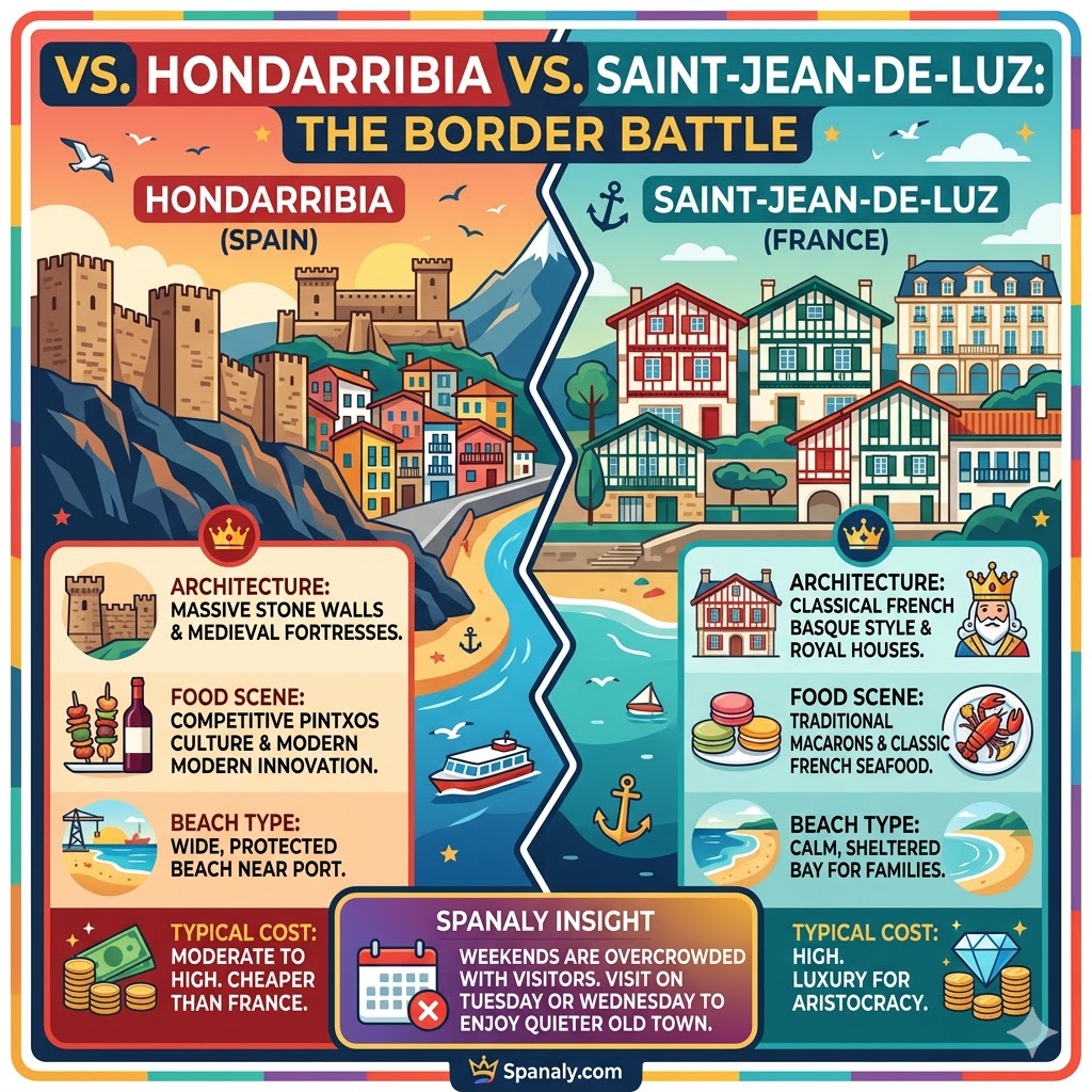 A side-by-side comparison infographic titled 'Hondarribia vs. Saint-Jean-de-Luz: The Border Battle'. Left side shows Spanish Basque architecture and pintxos, while the right side features French Basque houses and macarons. Includes data on architecture, food, beaches, and costs with a Spanaly Insight box.