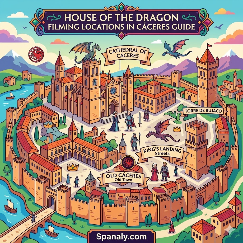 A vibrant map illustration of House of the Dragon filming locations in the historic Old Town of Cáceres, Spain, featuring the Cathedral and King's Landing streets.