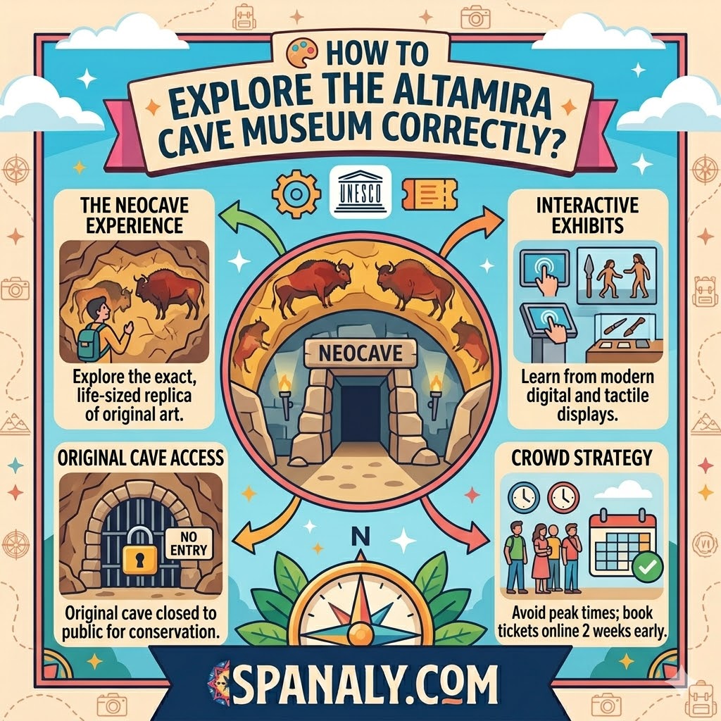 Colorful infographic providing tips and essential guide for visiting the Altamira Cave Museum near Santillana del Mar.