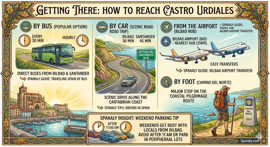 Infographic guide on how to reach Castro Urdiales from Bilbao and Santander, showing options for bus travel, coastal driving via A-8 highway, Bilbao airport transfers, and the Camino del Norte walking route by Spanaly.com