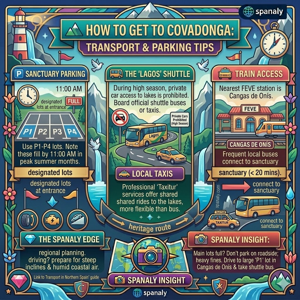 Infographic for transport to Covadonga Asturias featuring sanctuary parking tips, the Lagos shuttle bus, and Cangas de Onis transit options.