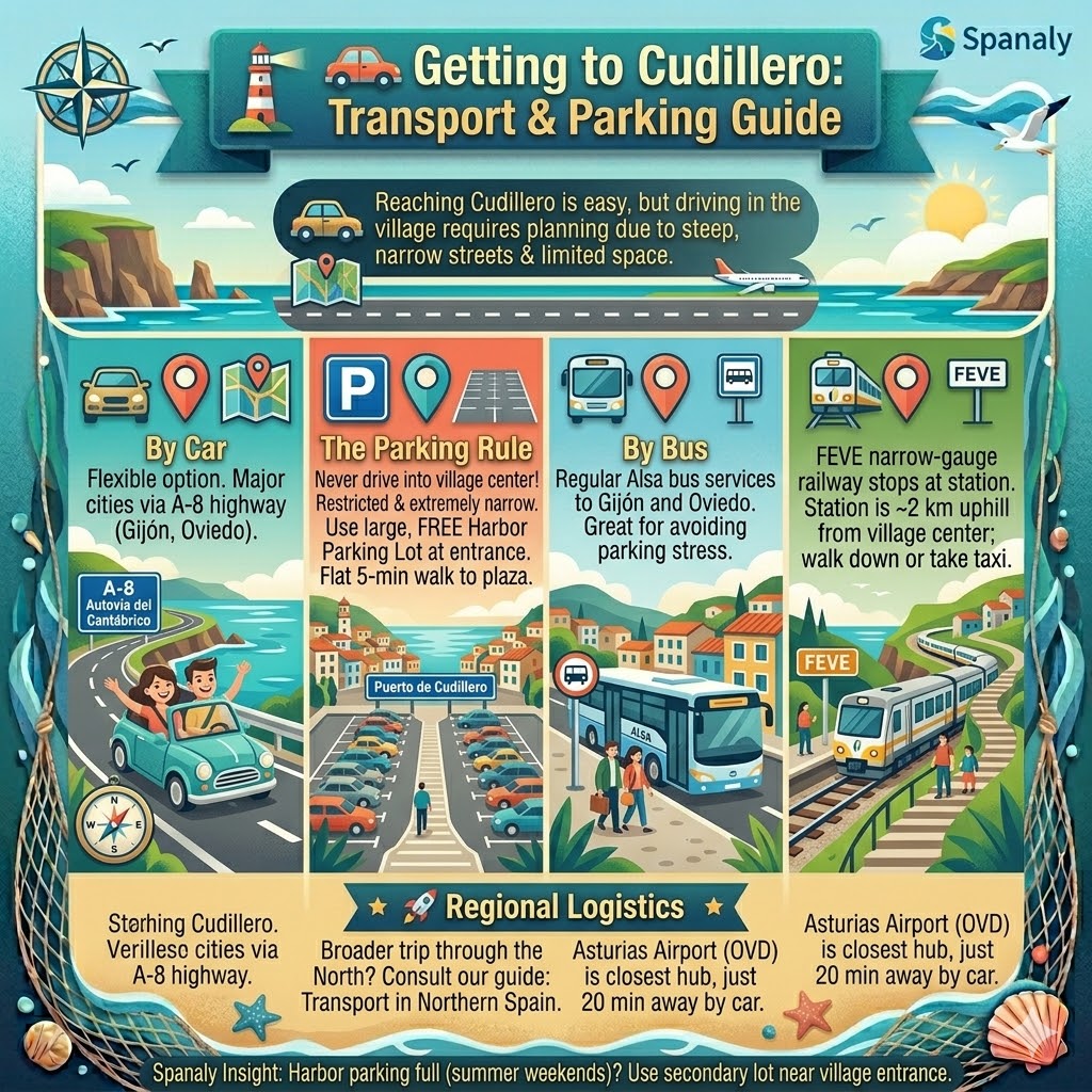 Infographic guide on how to get to Cudillero Asturias by car, bus, or FEVE train, including parking tips at Puerto de Cudillero and transport logistics.