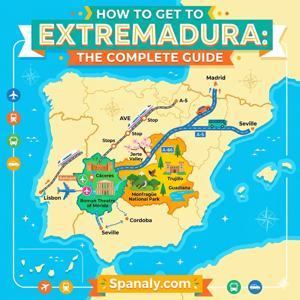 Epic infographic map of Spain showing transportation routes and how to get to Extremadura