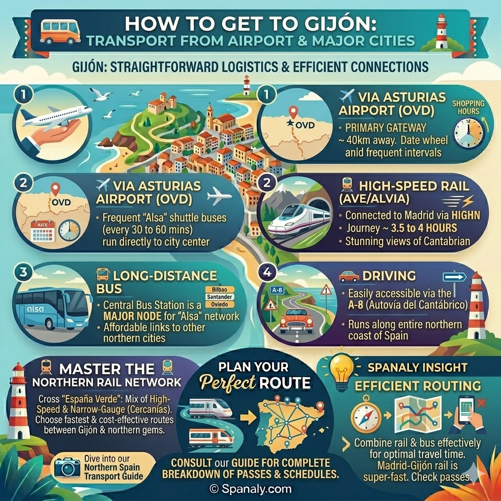 Infographic showing transport options to Gijon including Asturias Airport shuttle, AVE high-speed train from Madrid, Alsa bus network, and A-8 highway.