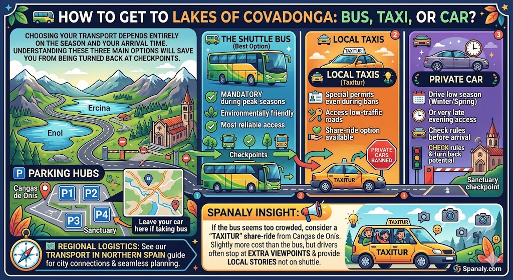 Infographic explaining how to get to Lakes of Covadonga by shuttle bus, local taxi, or private car with parking info.