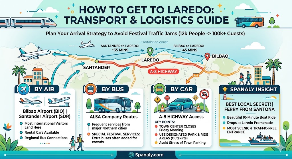 Infographic guide on how to get to Laredo Spain by bus, car, and air including Santander and Bilbao transport routes.