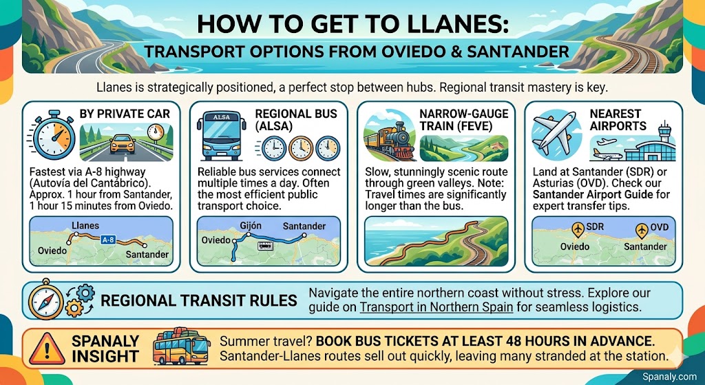 Infographic showing transport options to Llanes Asturias including car routes via A-8, ALSA bus, FEVE train, and flights to Santander or Asturias airports.