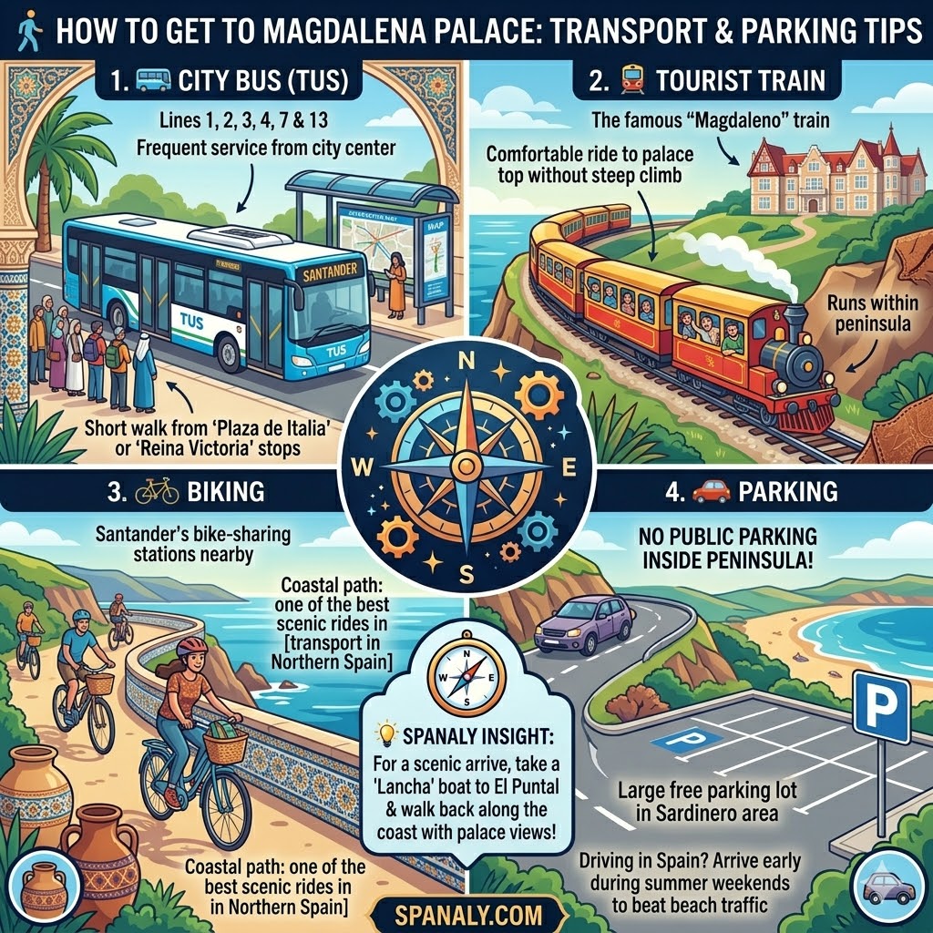 Infographic guide for Magdalena Palace Santander transport and parking tips by Spanaly, featuring bus, tourist train, and biking options.