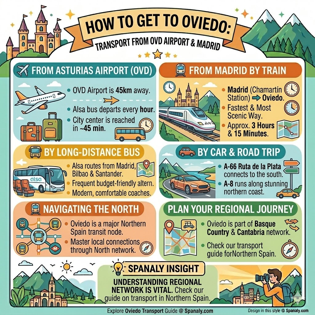 Infographic guide on how to get to Oviedo from Asturias Airport OVD and Madrid by high-speed train, Alsa bus, and car.