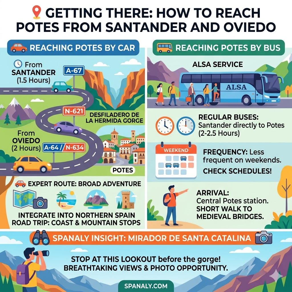 Transportation guide infographic showing how to reach Potes from Santander and Oviedo by car via the Desfiladero de la Hermida gorge or by ALSA bus, including driving times and local travel tips by Spanaly.com