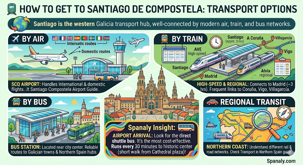 Infographic of transport options to Santiago de Compostela including flights to SCQ airport, AVE high-speed trains, regional buses, and Northern Spain transit map.
