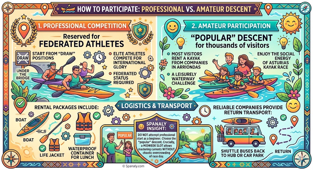 A comparative travel infographic for the Sella Descent in Asturias explaining the differences between professional federated competition and amateur popular participation including rental gear and shuttle logistics.