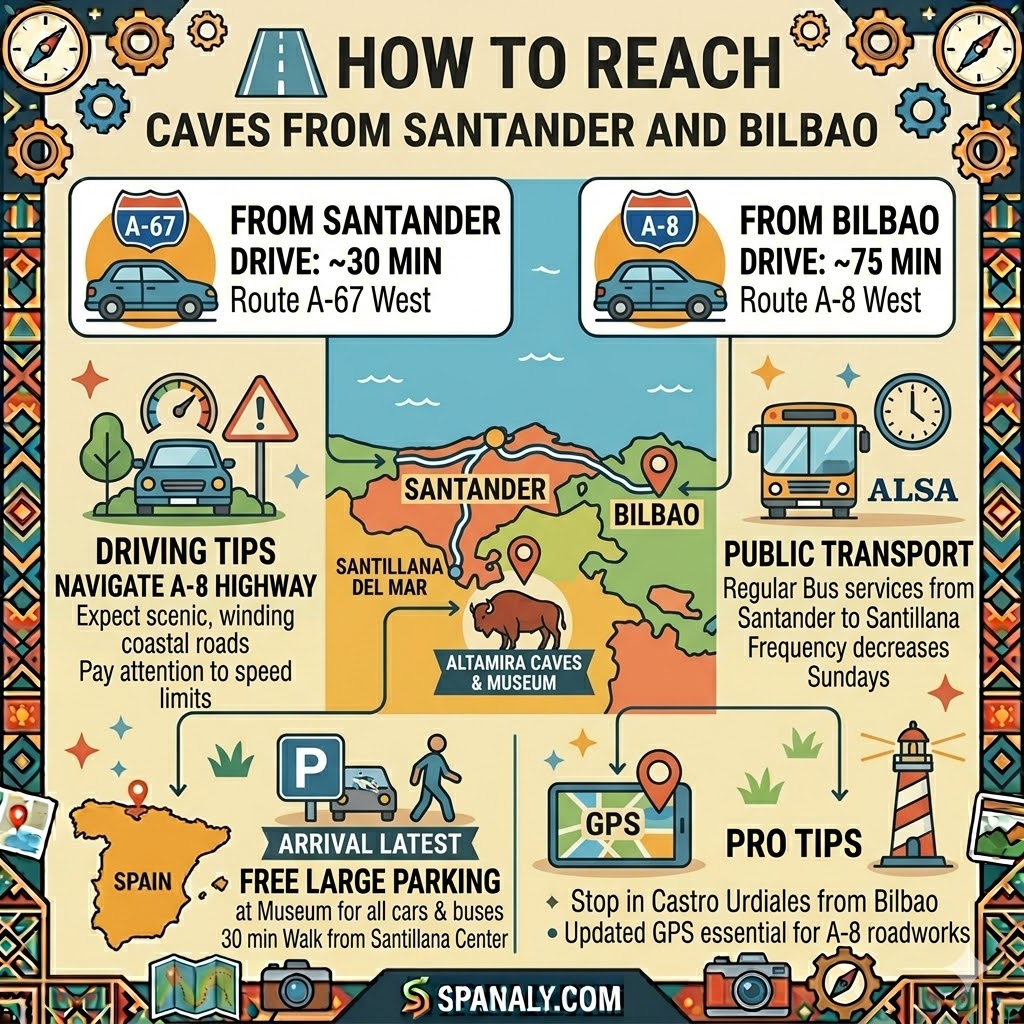 A colorful transport infographic showing different ways to reach Altamira Caves from Santander (A-67 west, ~30 min drive) and Bilbao (A-8 west, ~75 min drive), with bus options and technical driving tips.