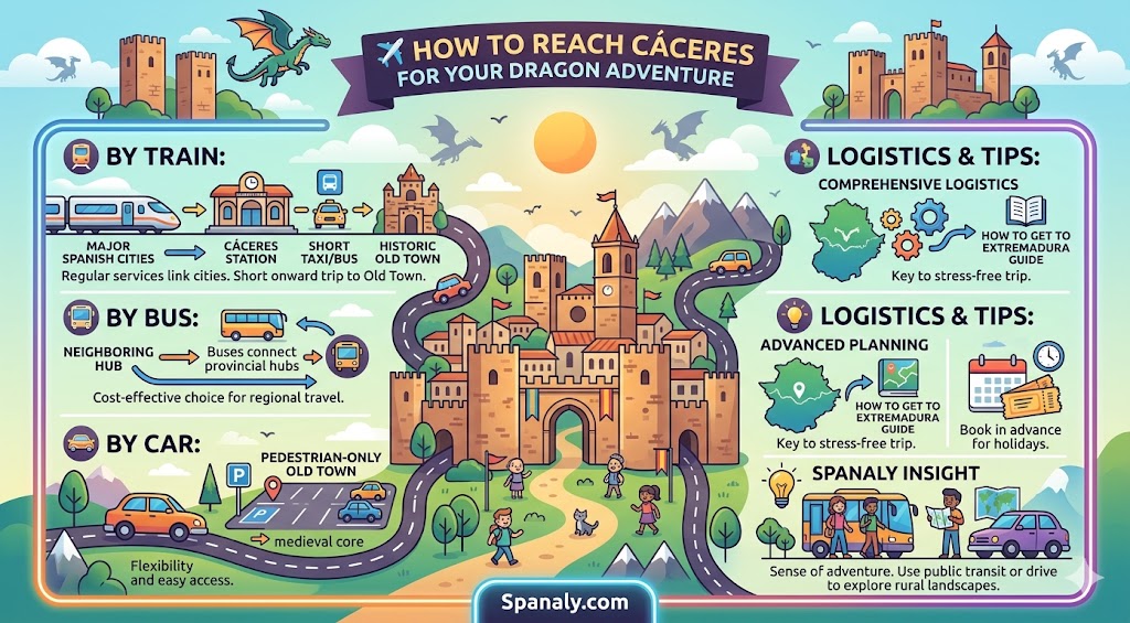A colorful infographic guide explaining transport options to Cáceres, Spain, including train, bus, and car travel tips for fans visiting House of the Dragon filming locations.