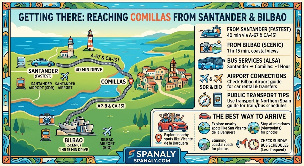 Infographic map showing how to reach Comillas from Santander and Bilbao by car, bus, and airport transfers.