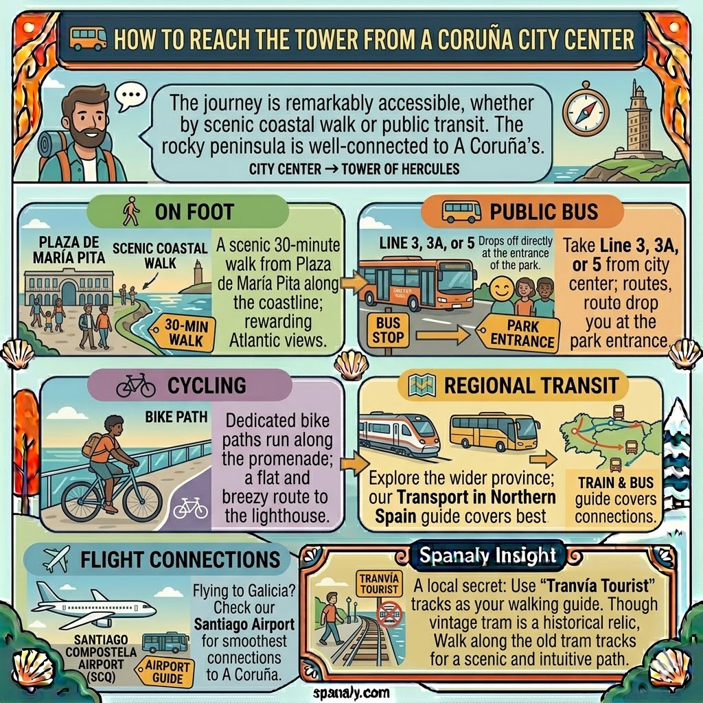 Infographic showing how to reach the Tower of Hercules from A Coruña by bus, foot, cycling, or regional train.