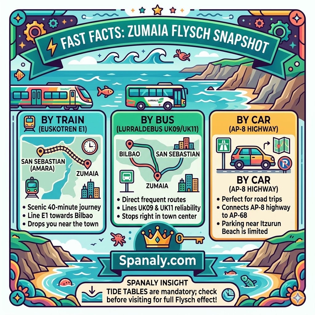 A colorful vector transport infographic showing how to reach Zumaia from San Sebastian and Bilbao by train, bus, and car. It includes travel times and line numbers like Euskotren E1 and Lurraldebus UK09.