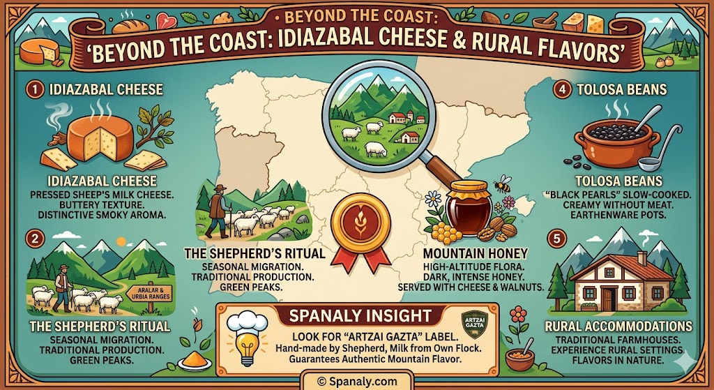 Infographic showing Basque rural flavors including Idiazabal sheep cheese, Tolosa black beans, mountain honey, and traditional shepherd rituals in Spain.